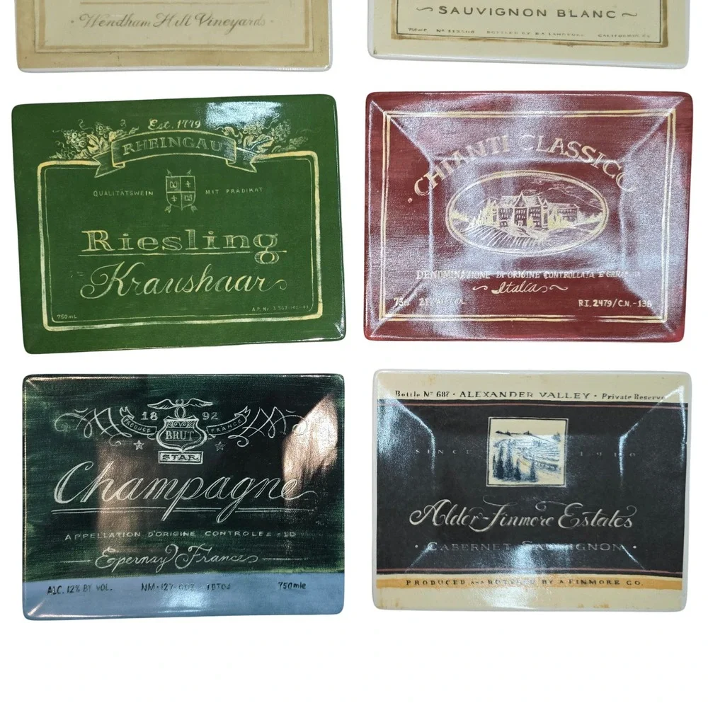Cape Craftsmen Ceramic Wine Label Coasters Set/8 Angela Staehling Vintage Look